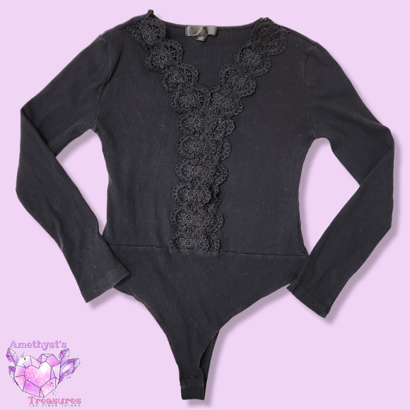 orange kiss Tops - ORANGE kiss bodysuit large woman's black lace one piece long sleeve